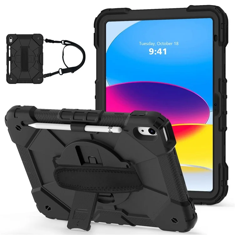 Robot C2 Series Shockproof Tablet Case for iPad 10.9 (2022) / Air (2020) / Air (2022) Contrast Color PC + Silicone Kickstand Protective Cover with Hand Strap - All Black