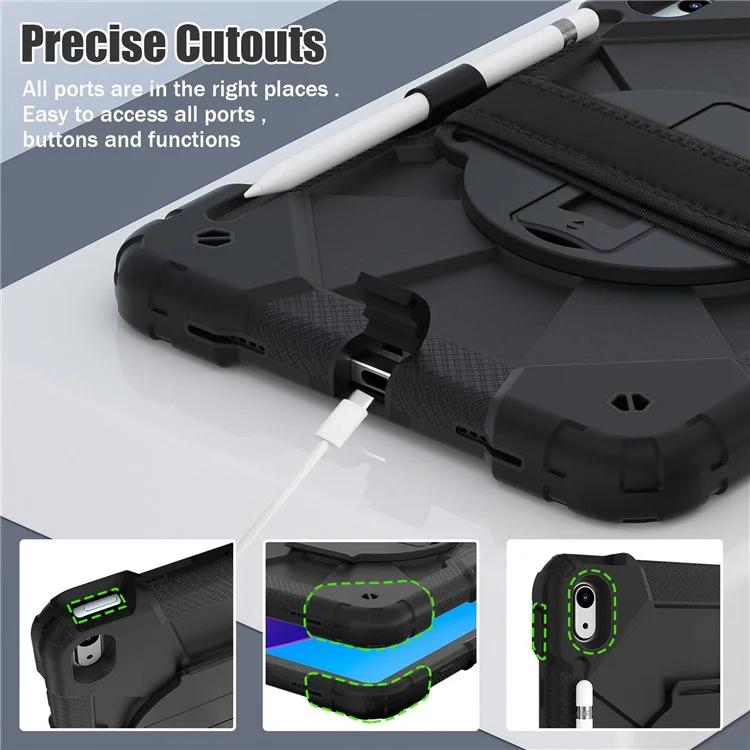 Étui de protection pour tablette Robot C2 Series Shockproof pour iPad 10.9 (2022) / Air (2020) / Air (2022), bicolore en PC + silicone avec support de maintien et sangle de transport - Tout noir