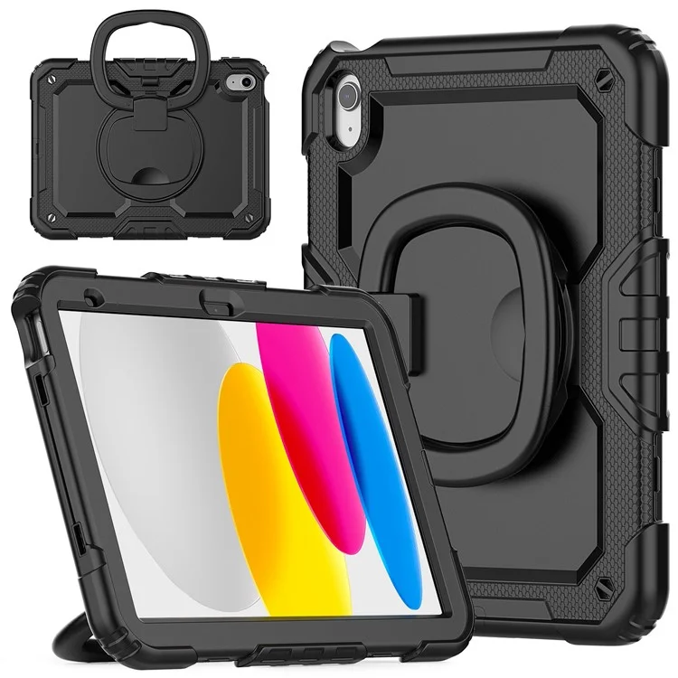 Shockproof Drop-Proof Tablet Case for iPad (2025) / 10.9 (2022) PC + Thickened Silicone Kickstand Cover with Hand Grip - All Black