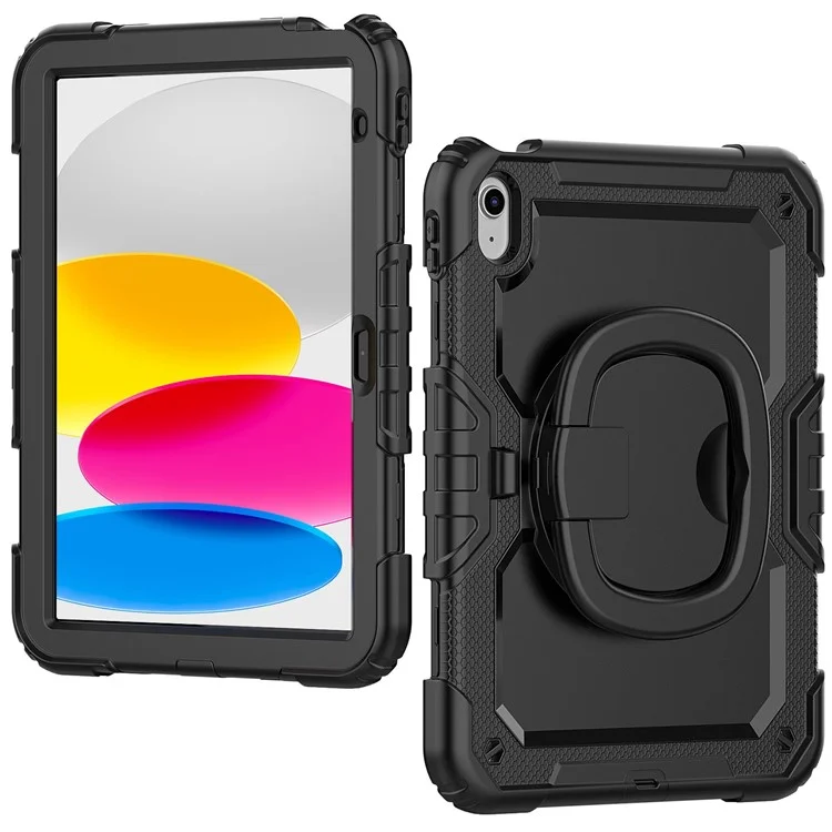 Shockproof Drop-Proof Tablet Case for iPad (2025) / 10.9 (2022) PC + Thickened Silicone Kickstand Cover with Hand Grip - All Black