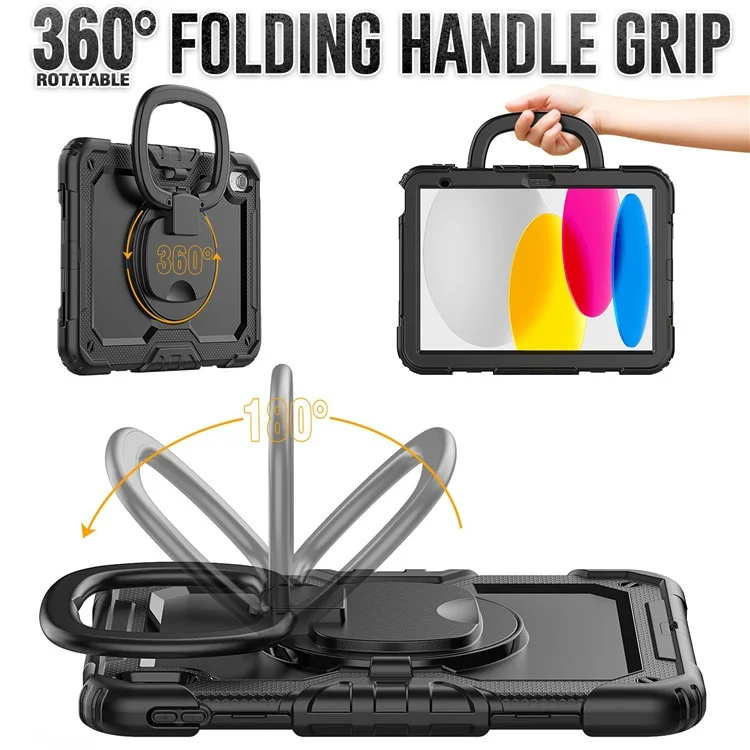 Shockproof Drop-Proof Tablet Case for iPad (2025) / 10.9 (2022) PC + Thickened Silicone Kickstand Cover with Hand Grip - All Black