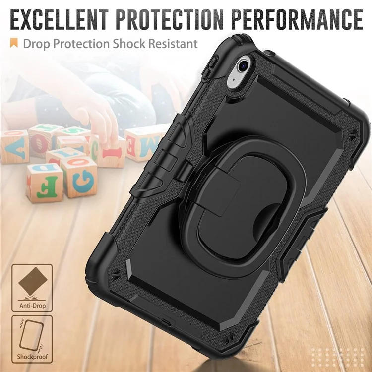 Shockproof Drop-Proof Tablet Case for iPad (2025) / 10.9 (2022) PC + Thickened Silicone Kickstand Cover with Hand Grip - All Black