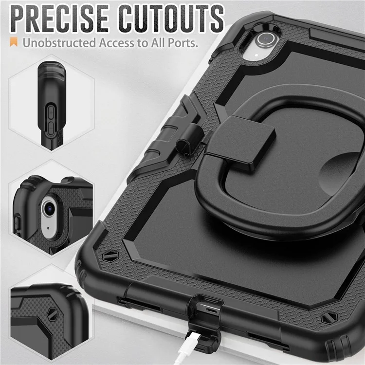 Shockproof Drop-Proof Tablet Case for iPad (2025) / 10.9 (2022) PC + Thickened Silicone Kickstand Cover with Hand Grip - All Black