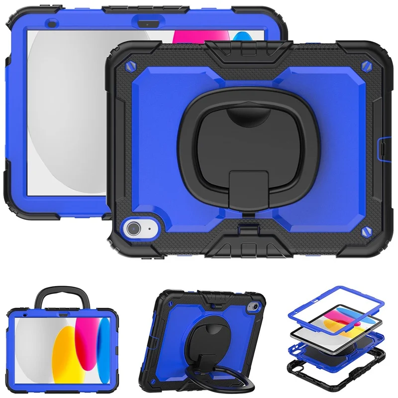 Shockproof Drop-Proof Tablet Case for iPad (2025) / 10.9 (2022) PC + Thickened Silicone Kickstand Cover with Hand Grip - Blue PC / Black