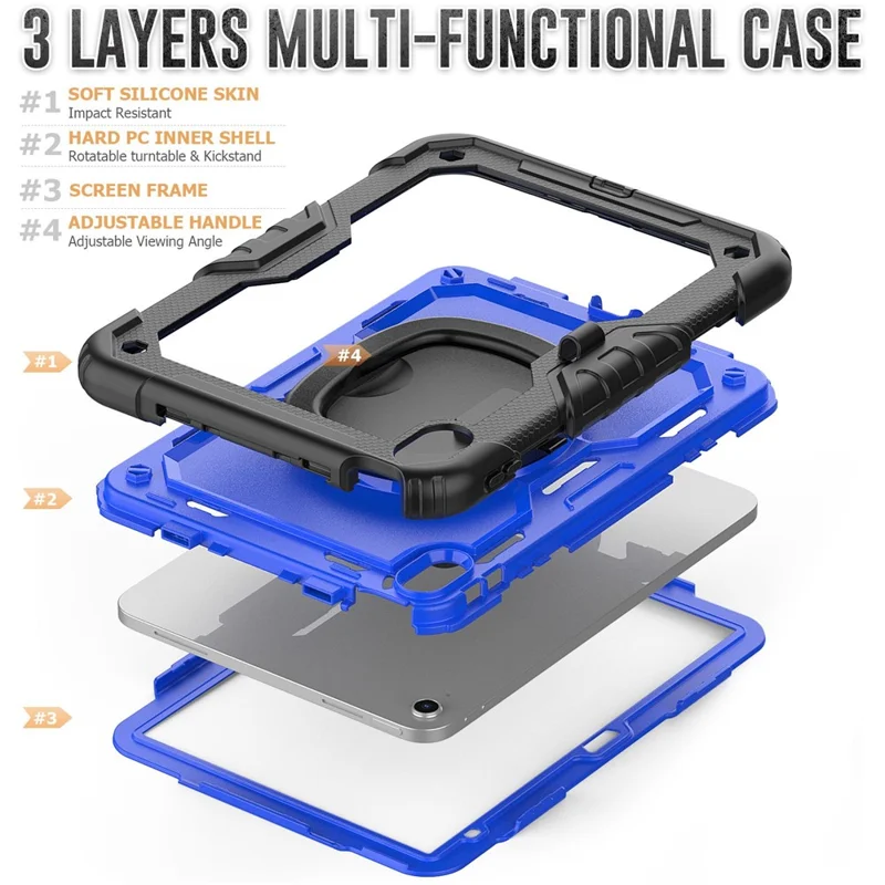 Shockproof Drop-Proof Tablet Case for iPad (2025) / 10.9 (2022) PC + Thickened Silicone Kickstand Cover with Hand Grip - Blue PC / Black