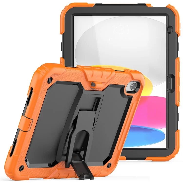 For iPad (2025) / 10.9 (2022) Silicone+PC Protective Case Kickstand Shockproof Tablet Cover with Shoulder Strap - Black / Orange