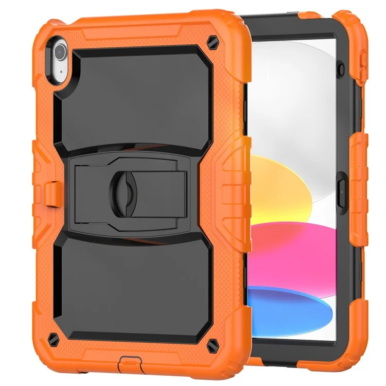 For iPad (2025) / 10.9 (2022) Silicone+PC Protective Case Kickstand Shockproof Tablet Cover with Shoulder Strap - Black / Orange