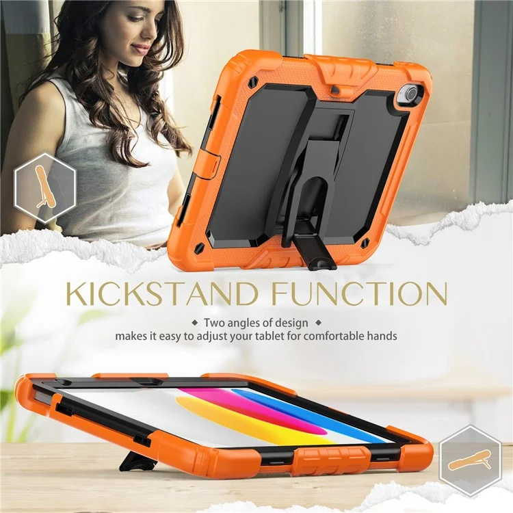 For iPad (2025) / 10.9 (2022) Silicone+PC Protective Case Kickstand Shockproof Tablet Cover with Shoulder Strap - Black / Orange