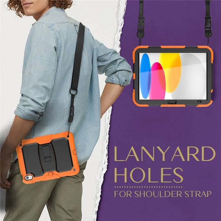 For iPad (2025) / 10.9 (2022) Silicone+PC Protective Case Kickstand Shockproof Tablet Cover with Shoulder Strap - Black / Orange