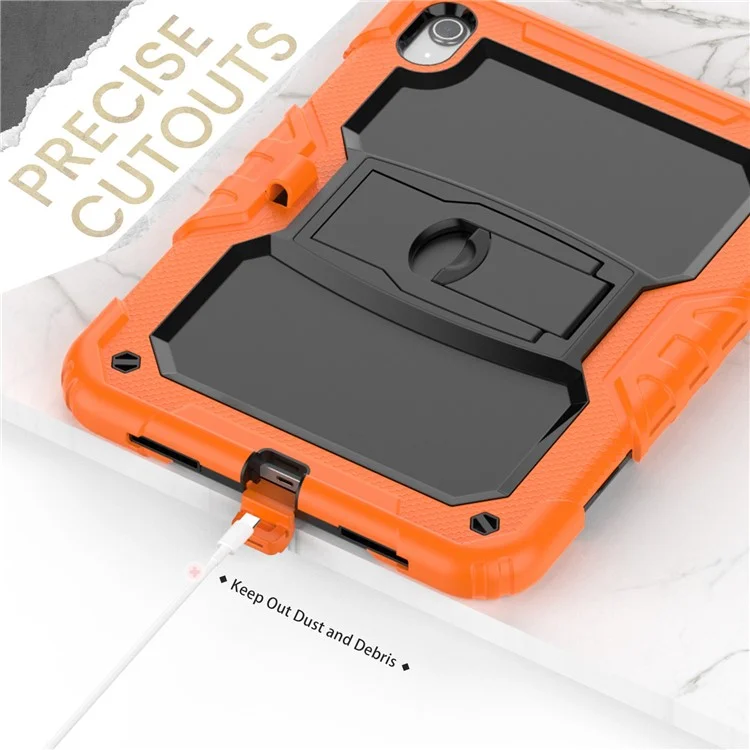 For iPad (2025) / 10.9 (2022) Silicone+PC Protective Case Kickstand Shockproof Tablet Cover with Shoulder Strap - Black / Orange