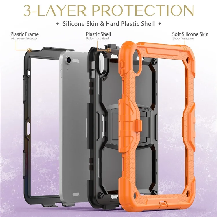 For iPad (2025) / 10.9 (2022) Silicone+PC Protective Case Kickstand Shockproof Tablet Cover with Shoulder Strap - Black / Orange