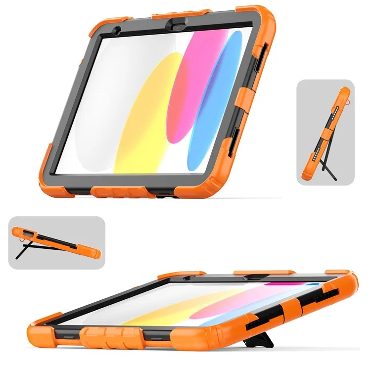 For iPad (2025) / 10.9 (2022) Silicone+PC Protective Case Kickstand Shockproof Tablet Cover with Shoulder Strap - Black / Orange