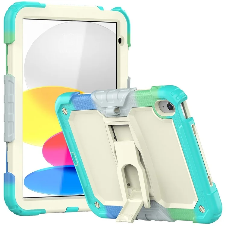 For iPad (2025) / 10.9 (2022) Thickened Silicone+PC Tablet Case Kickstand Cover with Shoulder Strap (Without Screen Protector) - Colorful Baby Blue
