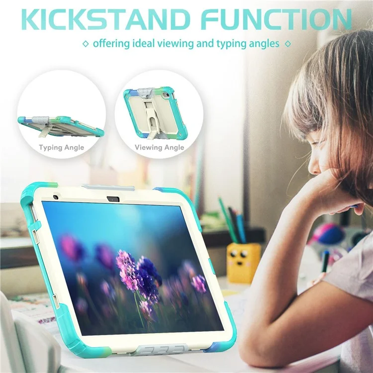 For iPad (2025) / 10.9 (2022) Thickened Silicone+PC Tablet Case Kickstand Cover with Shoulder Strap (Without Screen Protector) - Colorful Baby Blue