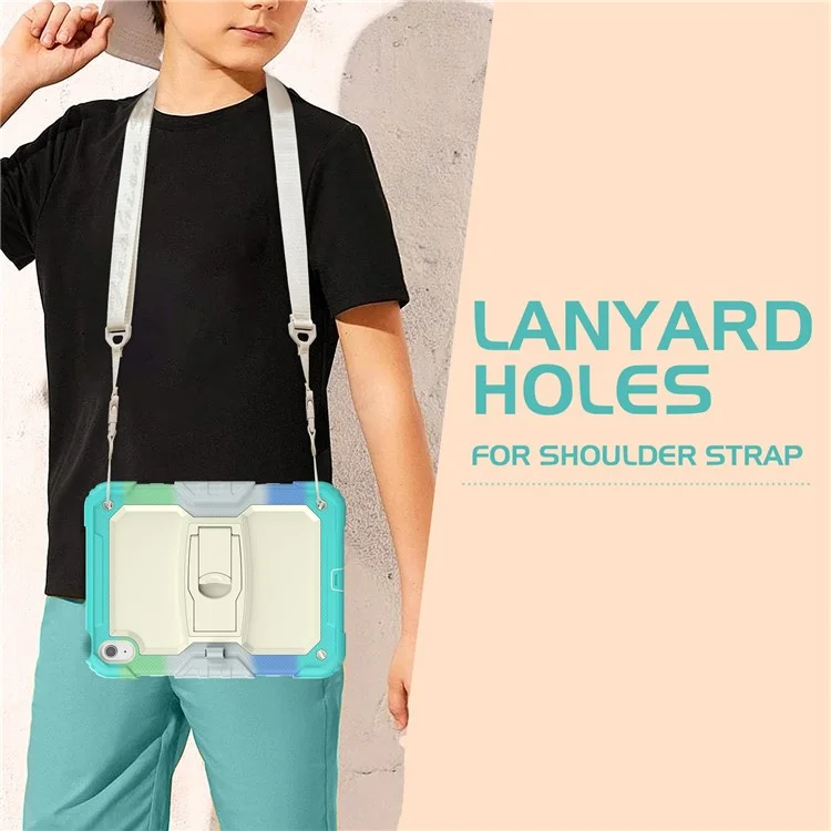 For iPad (2025) / 10.9 (2022) Thickened Silicone+PC Tablet Case Kickstand Cover with Shoulder Strap (Without Screen Protector) - Colorful Baby Blue