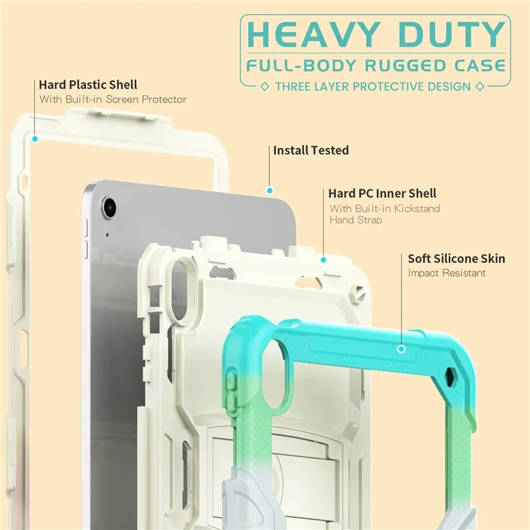 For iPad (2025) / 10.9 (2022) Thickened Silicone+PC Tablet Case Kickstand Cover with Shoulder Strap (Without Screen Protector) - Colorful Baby Blue