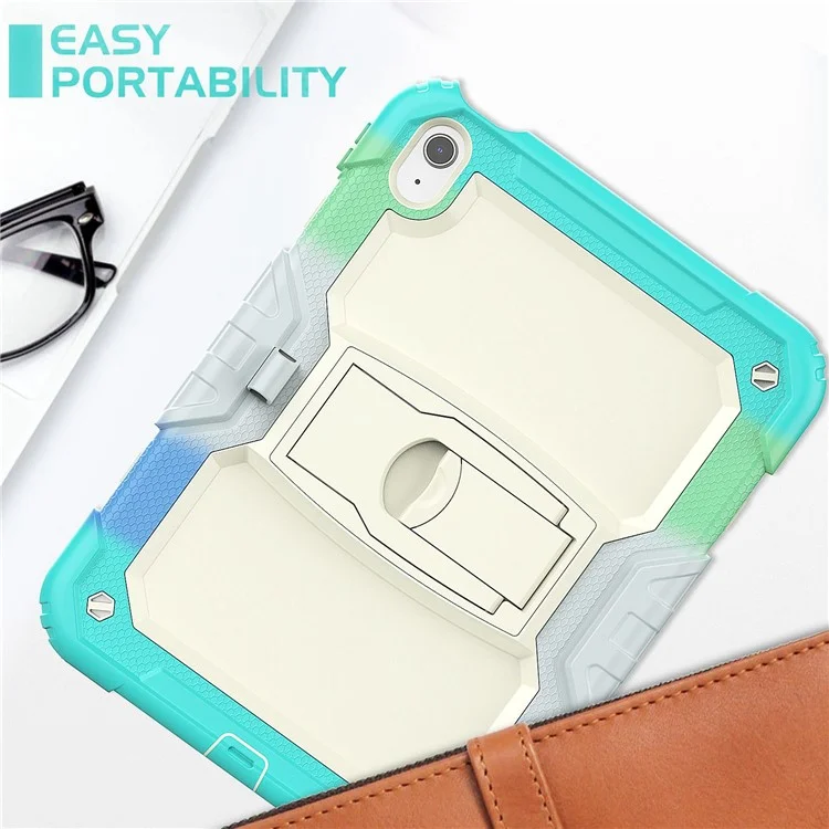 For iPad (2025) / 10.9 (2022) Thickened Silicone+PC Tablet Case Kickstand Cover with Shoulder Strap (Without Screen Protector) - Colorful Baby Blue