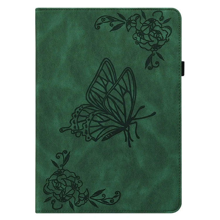 For iPad 10.9 (2022) / iPad 10th Gen Butterfly Flower Imprinted Flip Protection Cover PU Leather Card Holder Stand Smart Tablet Case with Pencil Holder - Green