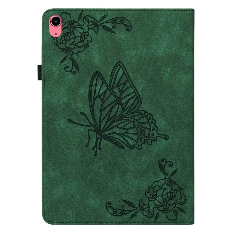 For iPad 10.9 (2022) / iPad 10th Gen Butterfly Flower Imprinted Flip Protection Cover PU Leather Card Holder Stand Smart Tablet Case with Pencil Holder - Green