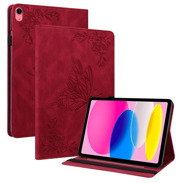 For iPad 10.9 (2022) / iPad 10th Gen Butterfly Flower Imprinted Flip Protection Cover PU Leather Card Holder Stand Smart Tablet Case with Pencil Holder - Red