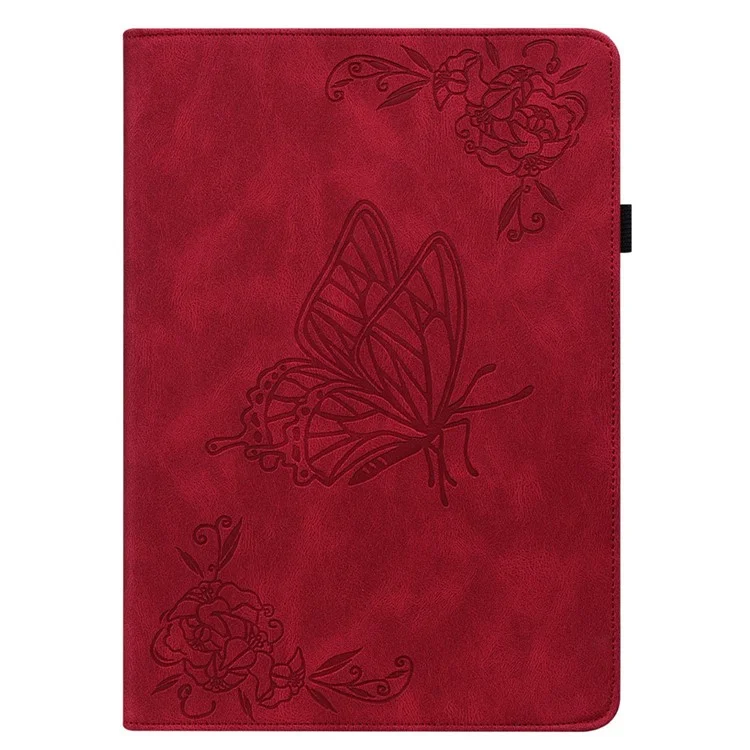 For iPad 10.9 (2022) / iPad 10th Gen Butterfly Flower Imprinted Flip Protection Cover PU Leather Card Holder Stand Smart Tablet Case with Pencil Holder - Red