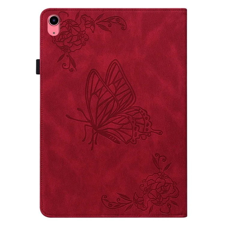 For iPad 10.9 (2022) / iPad 10th Gen Butterfly Flower Imprinted Flip Protection Cover PU Leather Card Holder Stand Smart Tablet Case with Pencil Holder - Red