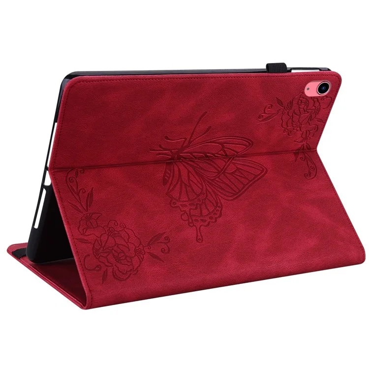 For iPad 10.9 (2022) / iPad 10th Gen Butterfly Flower Imprinted Flip Protection Cover PU Leather Card Holder Stand Smart Tablet Case with Pencil Holder - Red