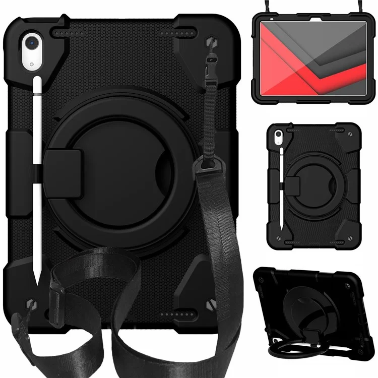 PC + Custodia protettiva in silicone per iPad 10.9 (2022), Design con anello di presa e supporto Tablet a prova di caduta con tracolla - Nero