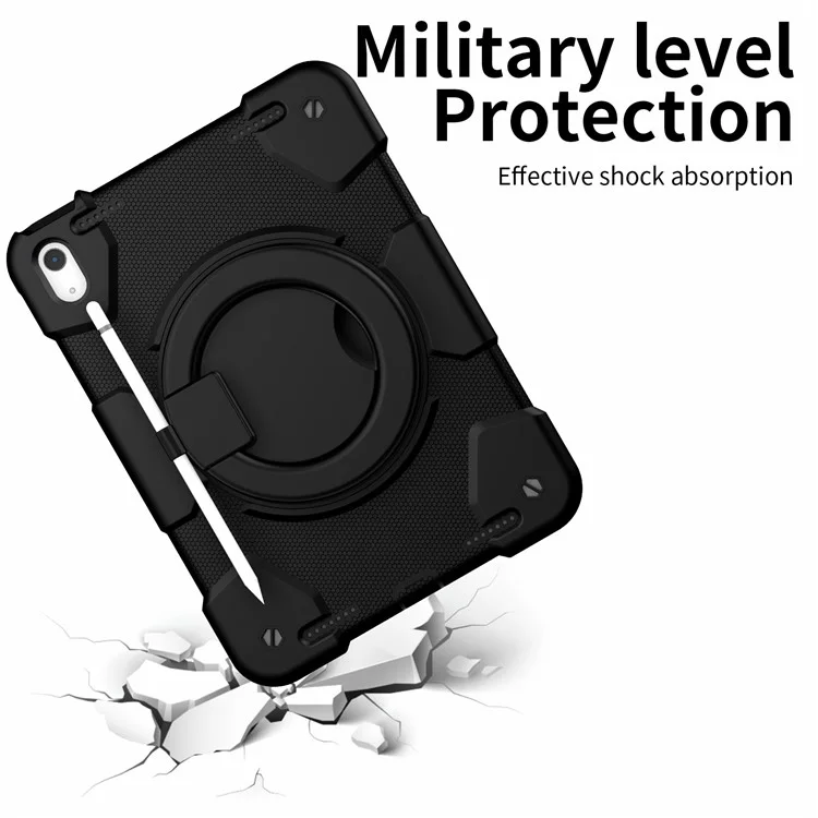 PC + Custodia protettiva in silicone per iPad 10.9 (2022), Design con anello di presa e supporto Tablet a prova di caduta con tracolla - Nero