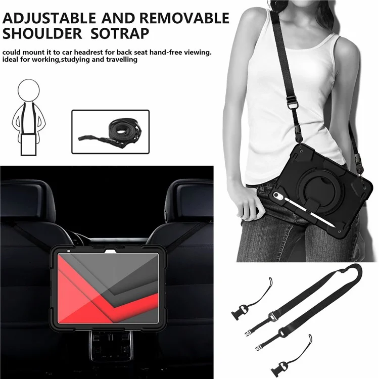 PC + Custodia protettiva in silicone per iPad 10.9 (2022), Design con anello di presa e supporto Tablet a prova di caduta con tracolla - Nero