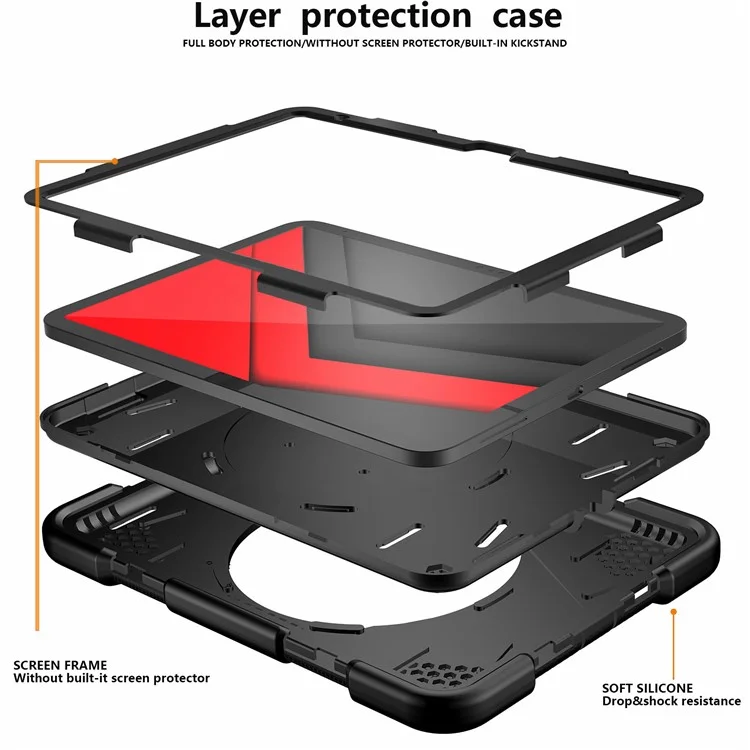 PC + Custodia protettiva in silicone per iPad 10.9 (2022), Design con anello di presa e supporto Tablet a prova di caduta con tracolla - Nero