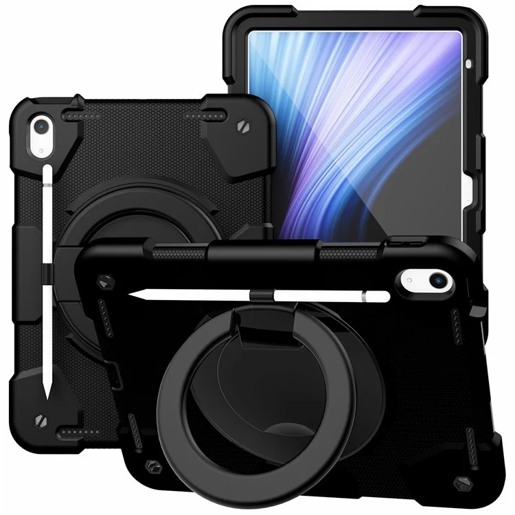 PC + Custodia protettiva in silicone per iPad 10.9 (2022), Design con anello di presa e supporto Tablet a prova di caduta con tracolla - Nero