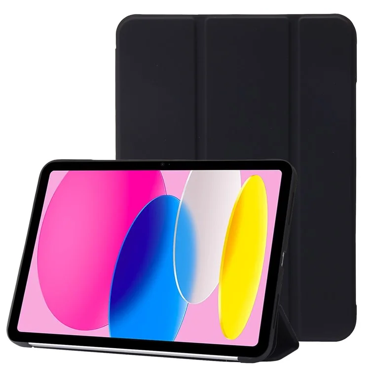 For iPad 10.9 (2022) Three-fold Stand PU Leather + Silicone Cover Tablet Anti-drop Shockproof Case - Black