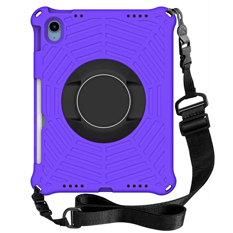 For iPad (2025) / 10.9 (2022) Spider Web Texture Shockproof EVA Case 360 Degree Rotation Kickstand Cover with Shoulder Strap - Purple
