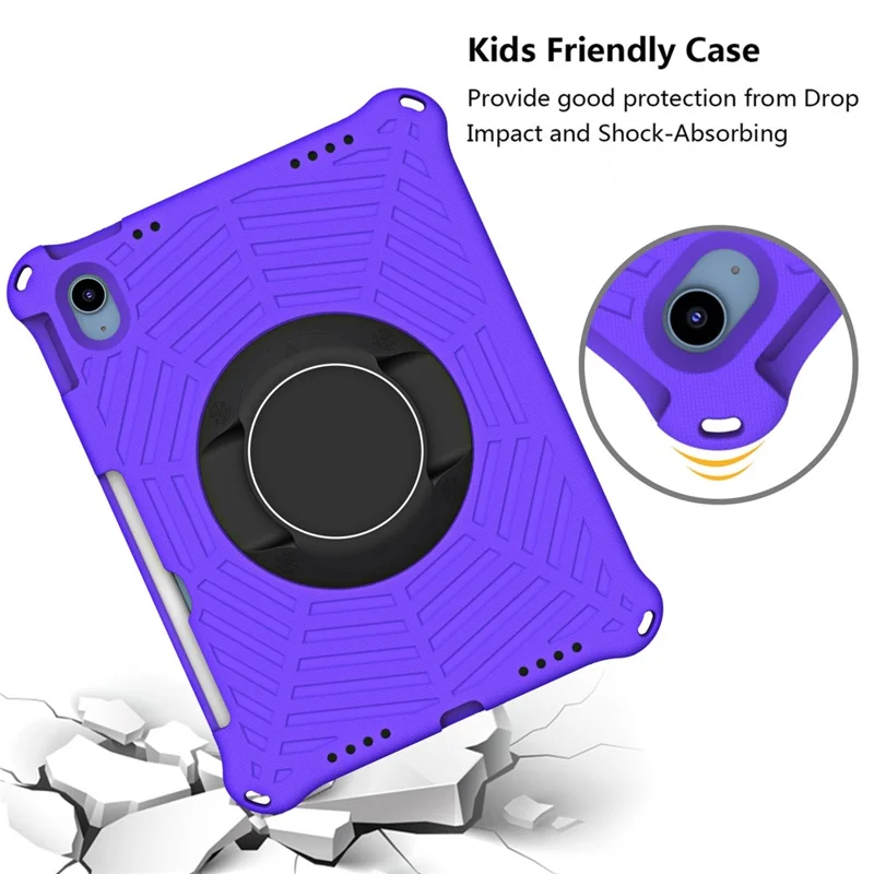 For iPad (2025) / 10.9 (2022) Spider Web Texture Shockproof EVA Case 360 Degree Rotation Kickstand Cover with Shoulder Strap - Purple