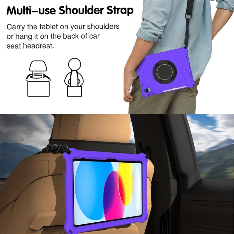 For iPad (2025) / 10.9 (2022) Spider Web Texture Shockproof EVA Case 360 Degree Rotation Kickstand Cover with Shoulder Strap - Purple
