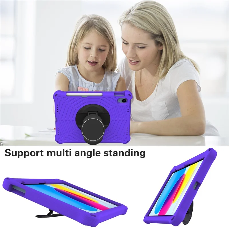 For iPad (2025) / 10.9 (2022) Spider Web Texture Shockproof EVA Case 360 Degree Rotation Kickstand Cover with Shoulder Strap - Purple