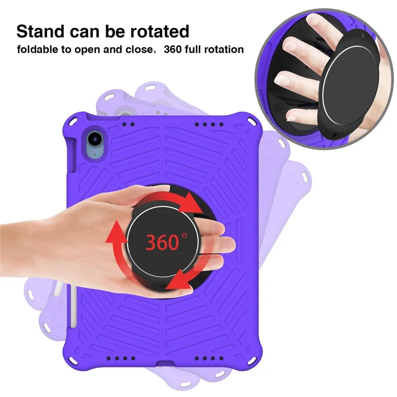 For iPad (2025) / 10.9 (2022) Spider Web Texture Shockproof EVA Case 360 Degree Rotation Kickstand Cover with Shoulder Strap - Purple