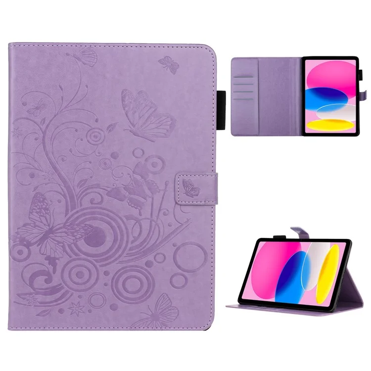 Для iPad 10.9 (2022) / iPad 10-го поколения Imprinted Butterfly Flower Pattern PU Leather Tablet Case Foldable Stand Wallet Full Protection Cover with Pen Holder - фиолетовый