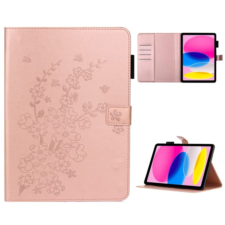 For iPad 10.9 (2022) / iPad 10th Gen Imprinted Plum Blossom Pattern Viewing Stand Shell Wallet Design PU Leather Shock Absorbing Tablet Case with Pen Holder - Rose Gold