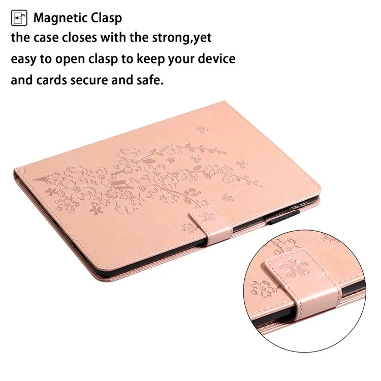 For iPad 10.9 (2022) / iPad 10th Gen Imprinted Plum Blossom Pattern Viewing Stand Shell Wallet Design PU Leather Shock Absorbing Tablet Case with Pen Holder - Rose Gold