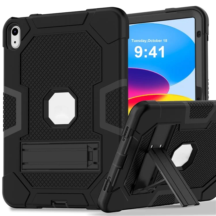 Robot B3 Series for iPad (2025) / 10.9 (2022) Contrast Color PC + Silicone Tablet  Case Drop-Proof Kickstand Protective Cover - Black / Black