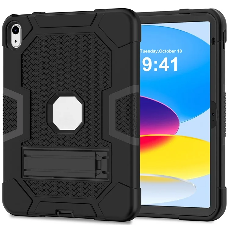 Robot B3 Series for iPad (2025) / 10.9 (2022) Contrast Color PC + Silicone Tablet  Case Drop-Proof Kickstand Protective Cover - Black / Black