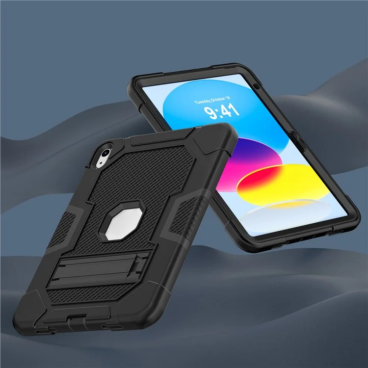 Robot B3 Series for iPad (2025) / 10.9 (2022) Contrast Color PC + Silicone Tablet  Case Drop-Proof Kickstand Protective Cover - Black / Black
