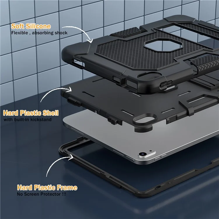 Robot B3 Series for iPad (2025) / 10.9 (2022) Contrast Color PC + Silicone Tablet  Case Drop-Proof Kickstand Protective Cover - Black / Black
