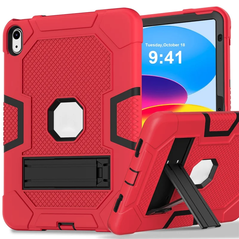 Robot B3 Series for iPad (2025) / 10.9 (2022) Contrast Color PC + Silicone Tablet  Case Drop-Proof Kickstand Protective Cover - Red / Black