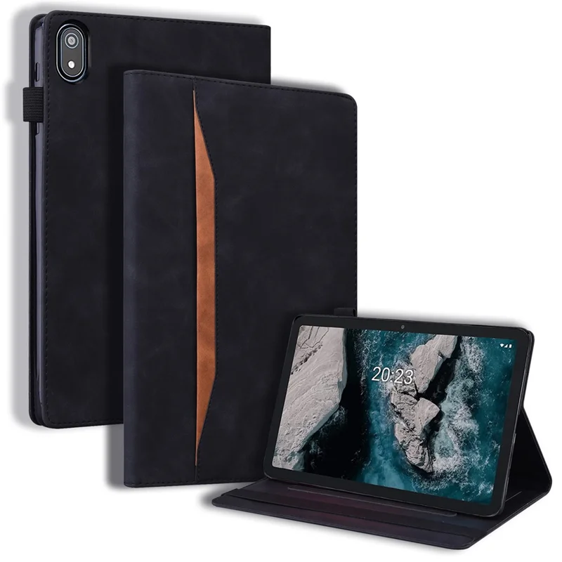 For Nokia T20 PU Leather Auto Wake / Sleep Tablet Case Stand Wallet Elastic Band Closure Business Cover with Pencil Holder - Black