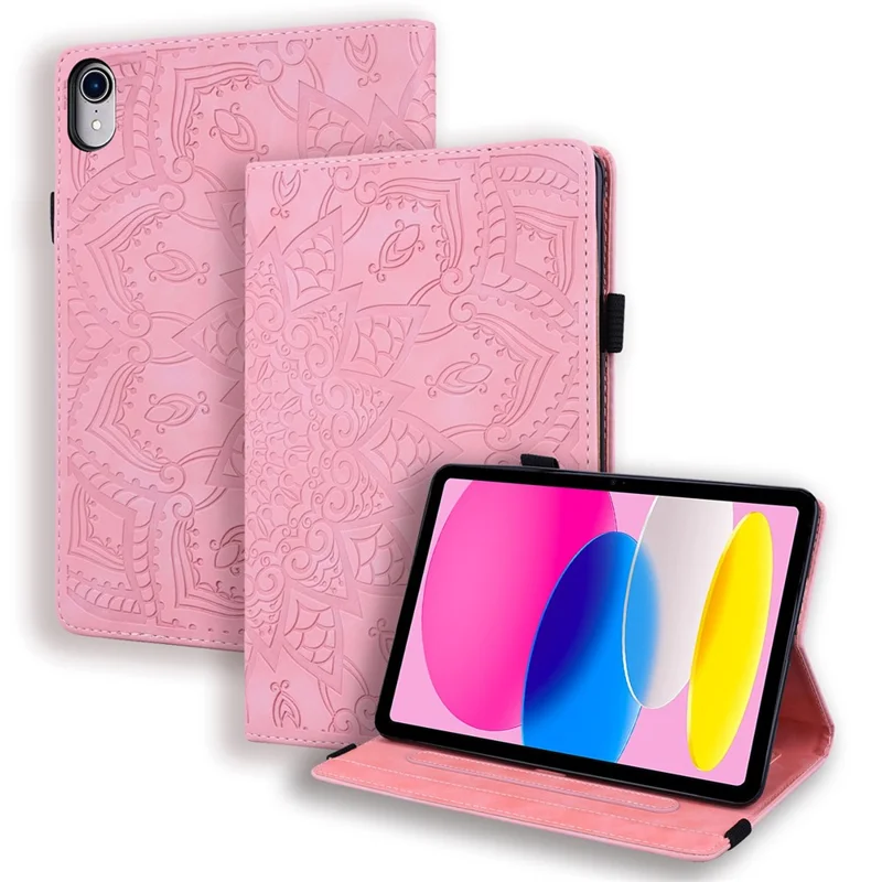 Für iPad (2025) / 10,9 (2022) PU-Lederhülle mit Standfunktion, geprägtes Blumenmuster, Tablettasche mit Kartenfach - Rosa