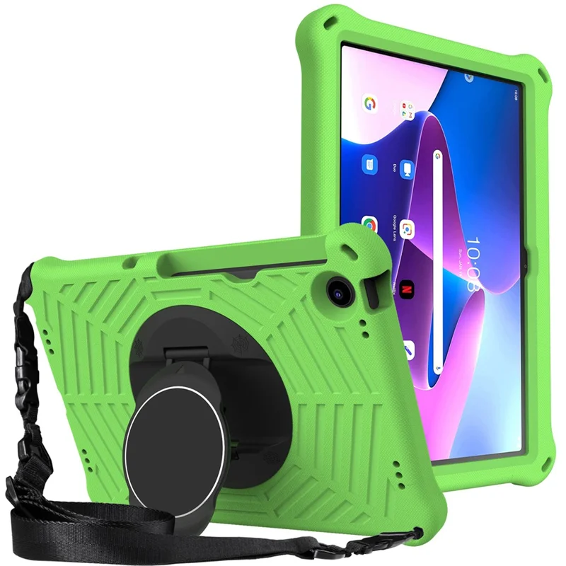 For Lenovo Tab M10 Plus (3rd Gen) / Xiaoxin Pad 2022 10.6 inch Spider Web Texture Shockproof EVA Case 360 Degree Rotation Kickstand Anti-scratch Cover with Shoulder Strap - Green