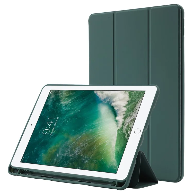 For iPad 10.2 (2021) / (2020) / (2019) Skin-touch Feeling PU Leather + TPU Tri-fold Stand Cover Anti-drop Tablet Case with Pen Slot - Blackish Green